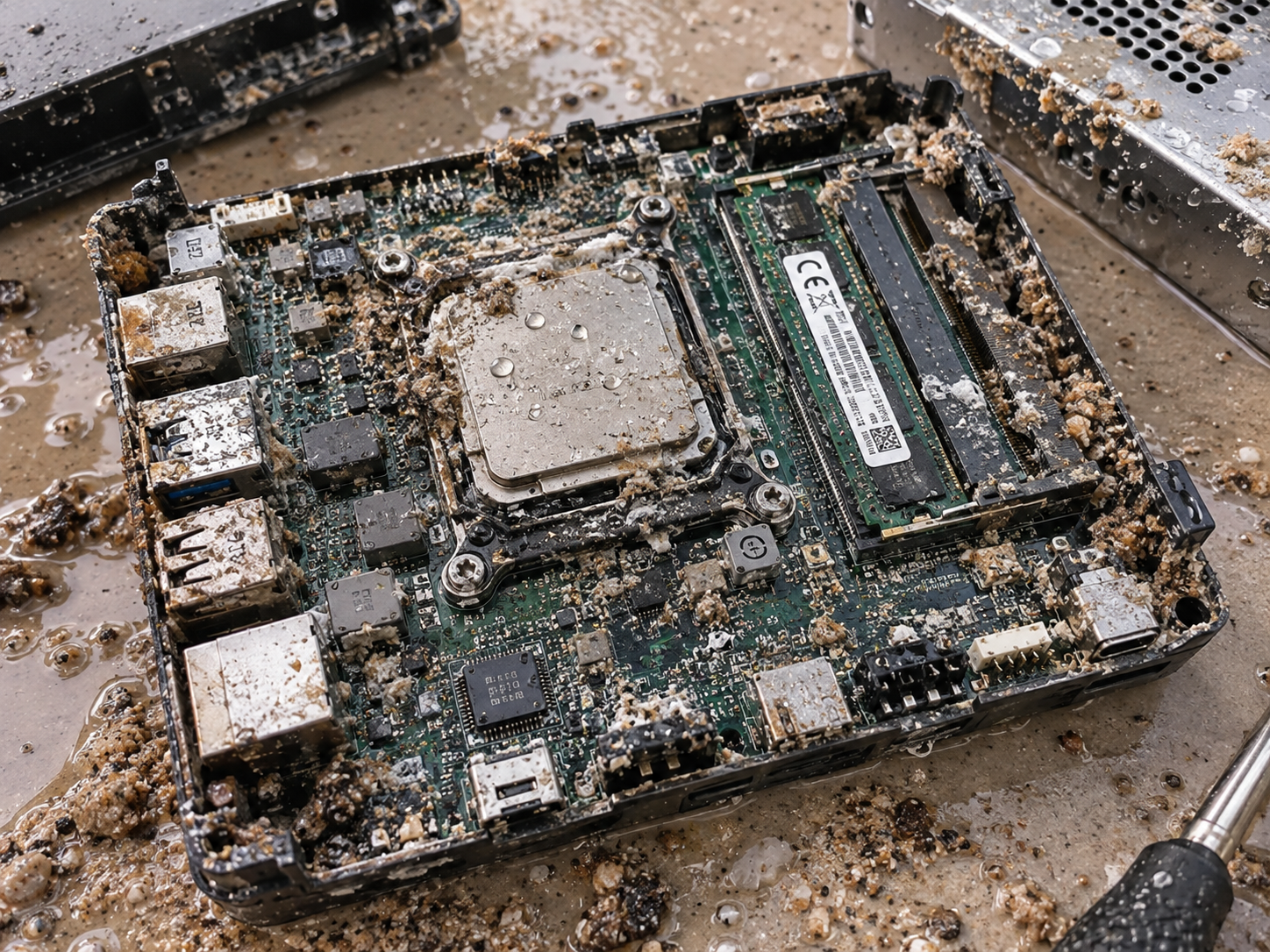Sand-covered Linux livestream computer recovered from race car 355 after its saltwater crossing