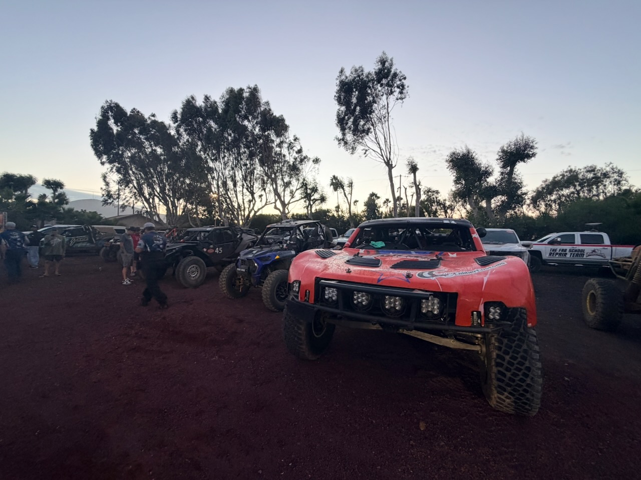 NORRA race cars gathered at the evening finish in San Quintín