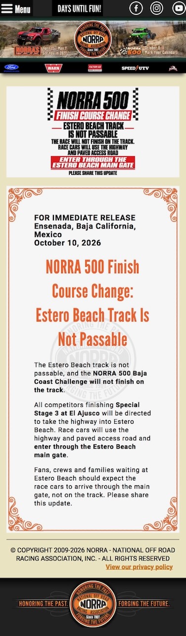Flooded NORRA finish course marked as not passable