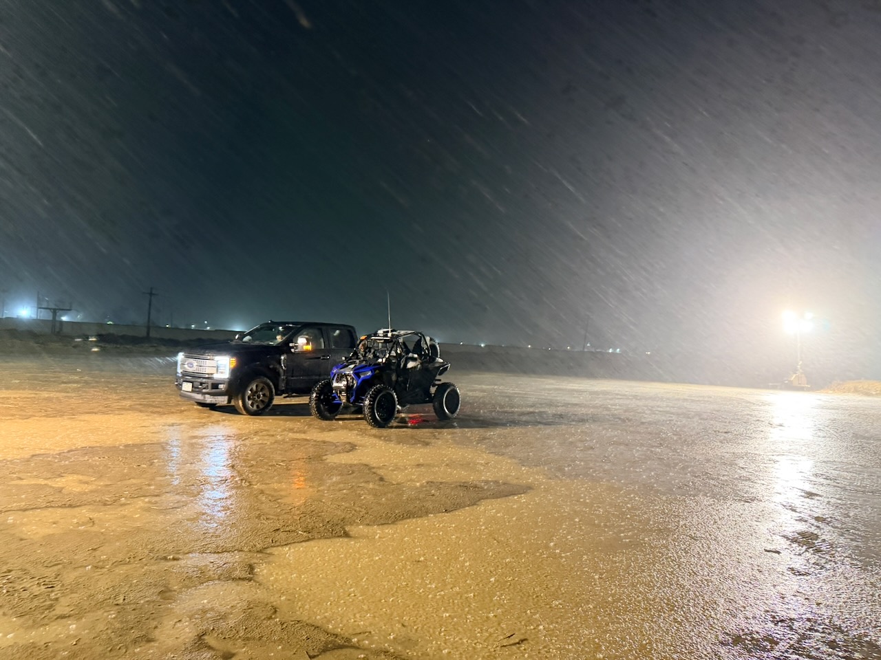 View from race car 355 driving through rain without windows