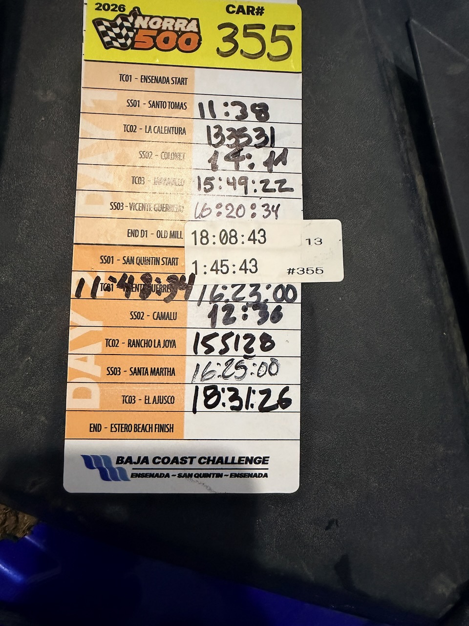 NORRA 500 timing sticker and race documentation for car 355