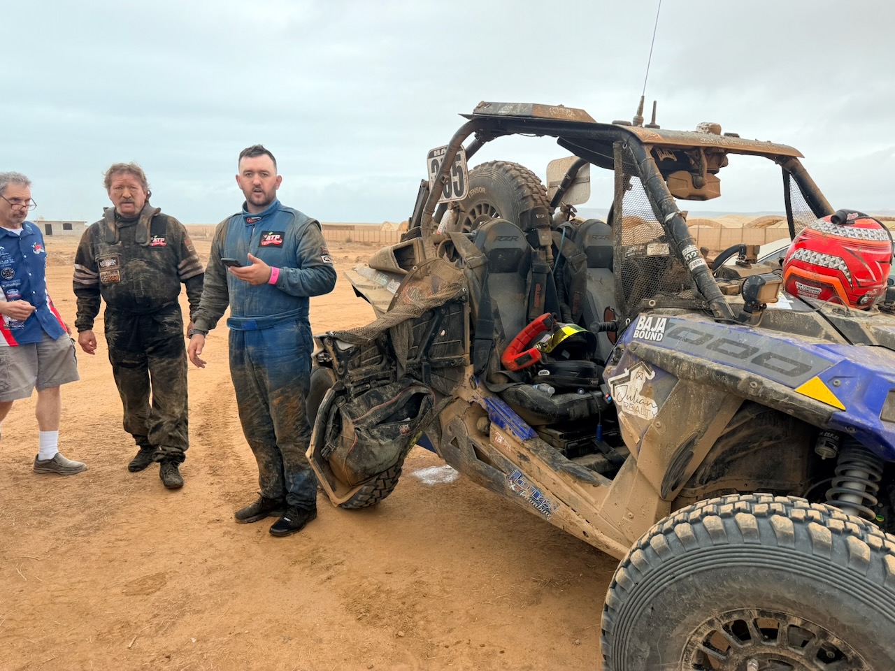 Wet and sandy cockpit after the flooded first special stage