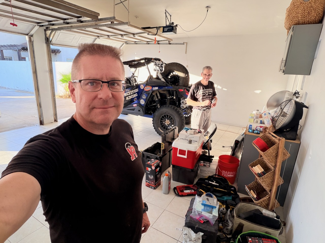 Race shop set up inside the Ensenada garage