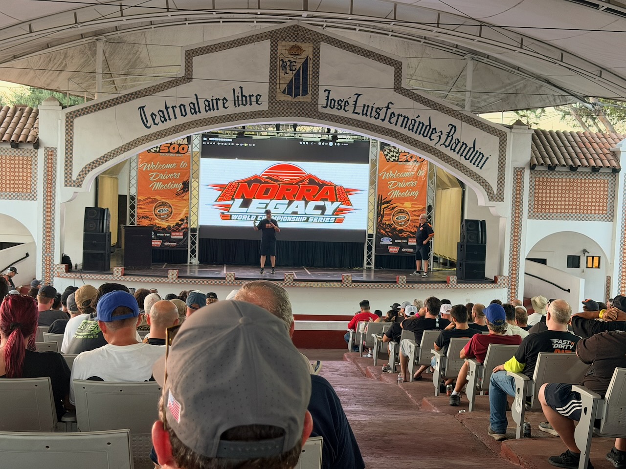 Robby Gordon speaking at the NORRA 500 drivers meeting